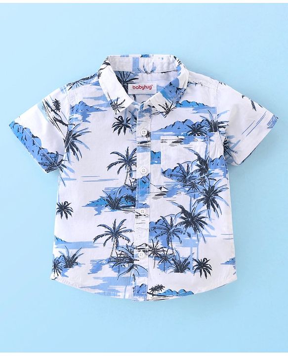 Babyhug 100% Cotton Woven Half Sleeves Shirt & Shorts With Tropical Print - White & Blue