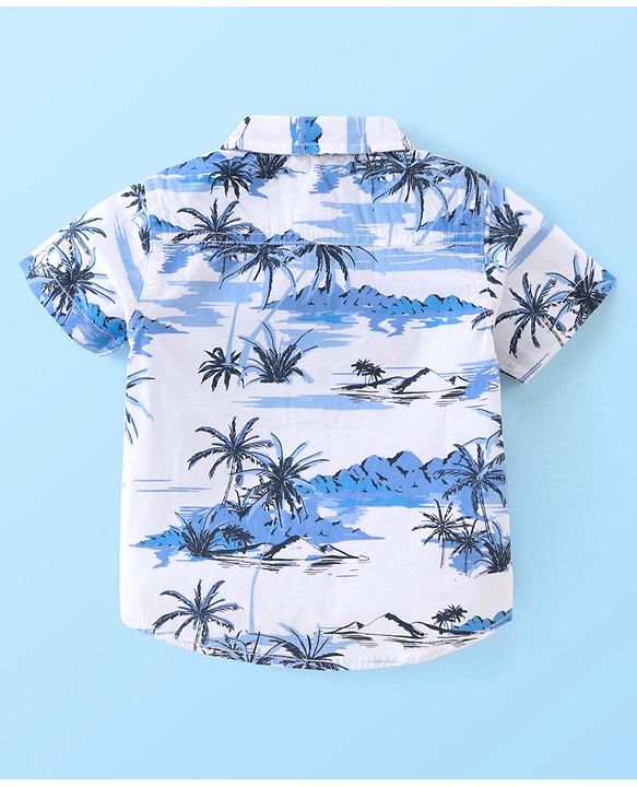 Babyhug 100% Cotton Woven Half Sleeves Shirt & Shorts With Tropical Print - White & Blue