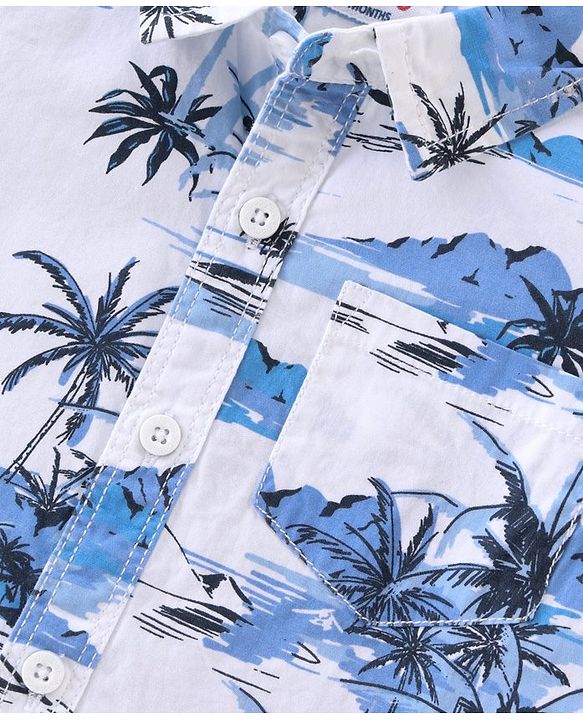 Babyhug 100% Cotton Woven Half Sleeves Shirt & Shorts With Tropical Print - White & Blue