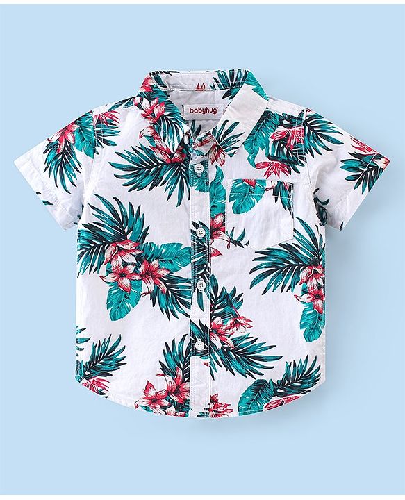 Babyhug Cotton Woven Half Sleeves Shirt & Shorts Set Floral Print - Green & White