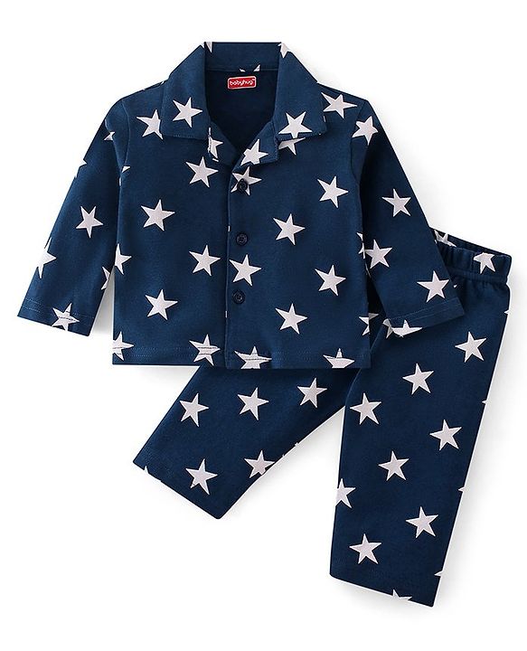 Babyhug Cotton Knit Full Sleeves Night Suit With Star Print - Navy Blue