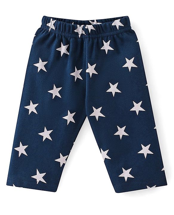 Babyhug Cotton Knit Full Sleeves Night Suit With Star Print - Navy Blue