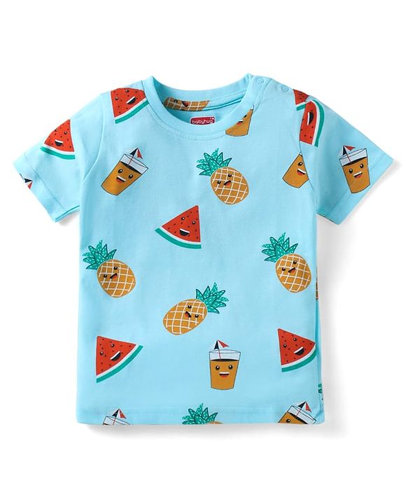Babyhug Single Jersey Cotton Knit Half Sleeves Fruity Print Night Suit - Blue