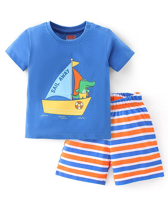 Babyhug Single Jersey Knit Half Sleeves Night Suit With Boat Print - Blue