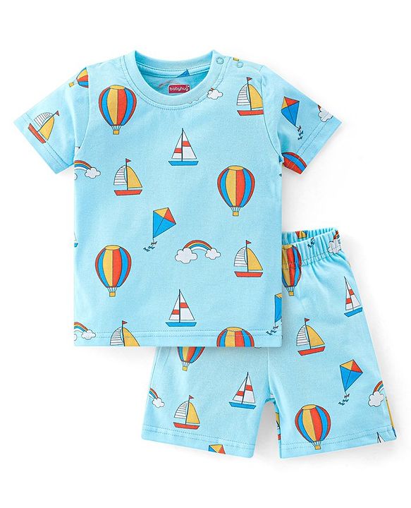 Babyhug Single Jersey Knit Half Sleeves Night Suit Hot Air Balloon Print- Blue