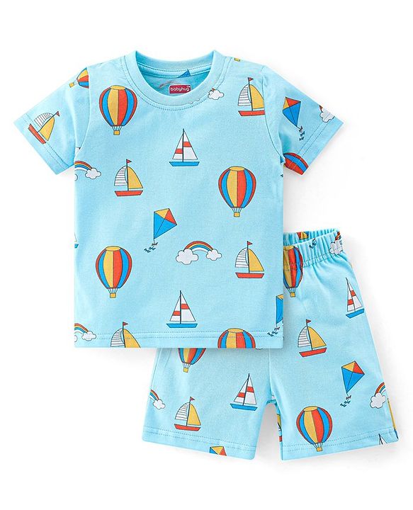 Babyhug Single Jersey Knit Half Sleeves Night Suit Hot Air Balloon Print- Blue