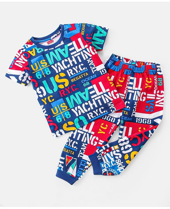 Babyhug Cotton Single Jersey Knit Half Sleeves Night Suit Text Print - Blue