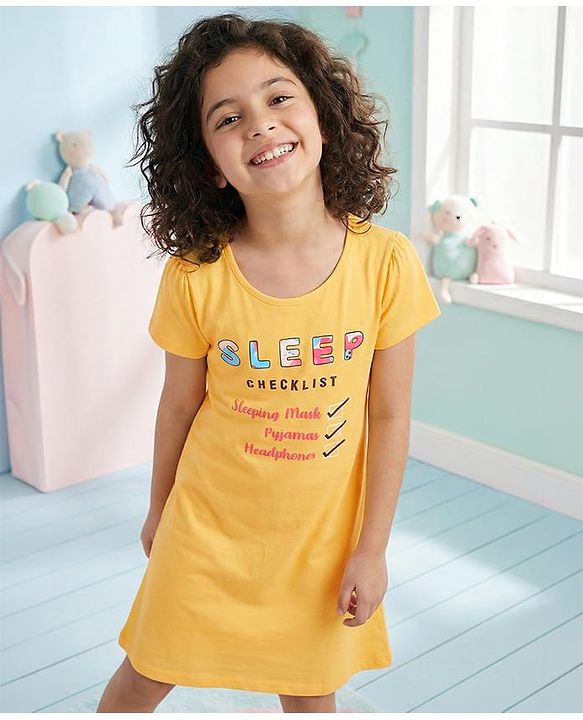 Pine Kids Cotton Knit Half Sleeves Night Gown Text Print - Yellow