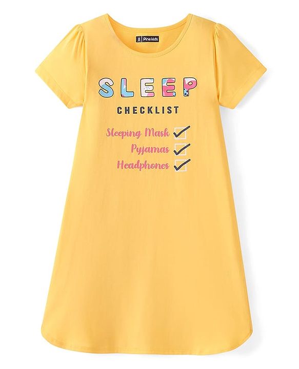 Pine Kids Cotton Knit Half Sleeves Night Gown Text Print - Yellow