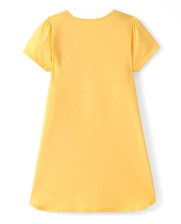 Pine Kids Cotton Knit Half Sleeves Night Gown Text Print - Yellow