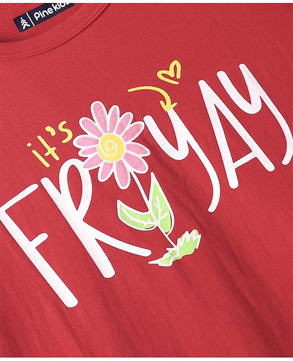 Pine Kids 100% Cotton Knit Half Sleeves Nighty With Flower Print - Red