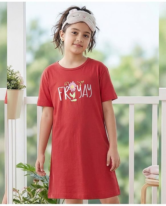 Pine Kids 100% Cotton Knit Half Sleeves Nighty With Flower Print - Red