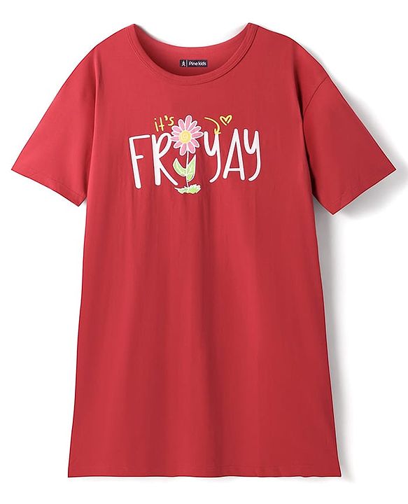 Pine Kids 100% Cotton Knit Half Sleeves Nighty With Flower Print - Red
