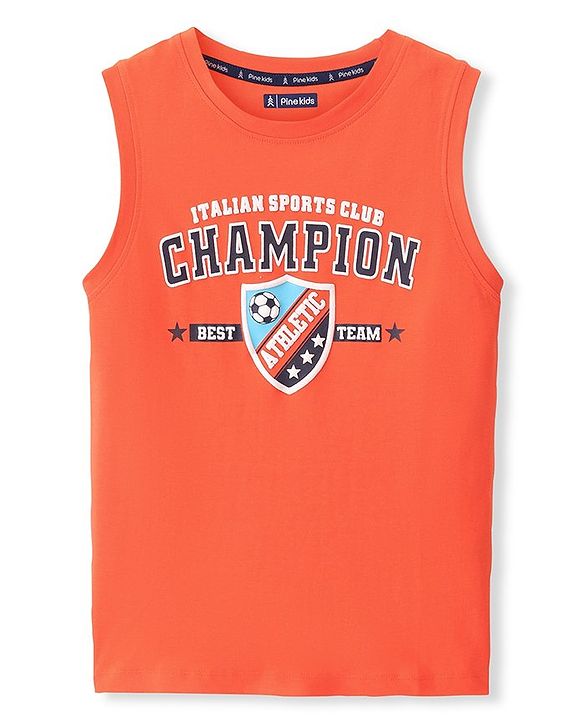 Pine Kids 100% Cotton Knit Sleeveless T-Shirt Varsity Print -Orange