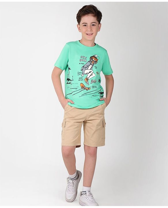 Pine Kids Cotton Half Sleeves T-Shirt Skating Print - Spring Bud