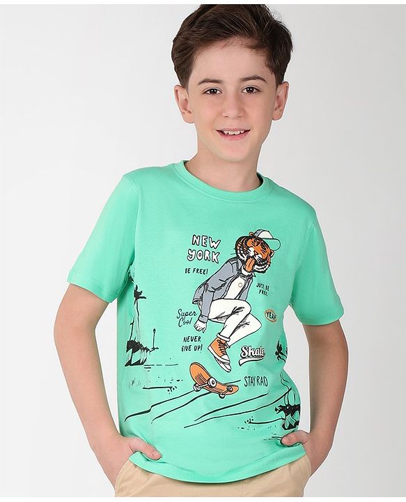 Pine Kids Cotton Half Sleeves T-Shirt Skating Print - Spring Bud