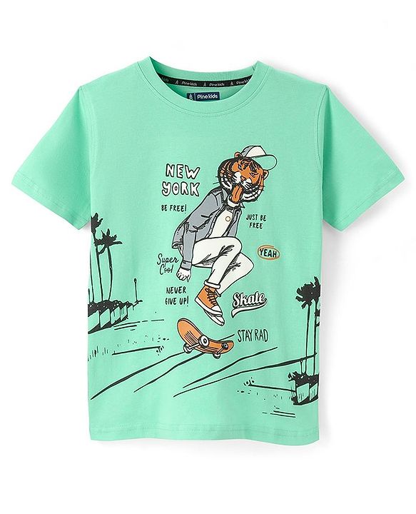 Pine Kids Cotton Half Sleeves T-Shirt Skating Print - Spring Bud