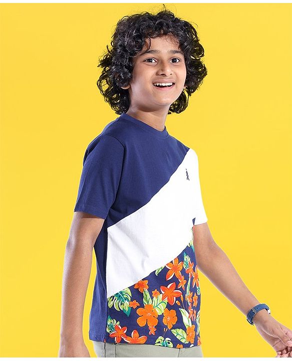 Pine Kids 100% Cotton Knit Half Sleeves T-Shirt Floral Print - Blue Depth