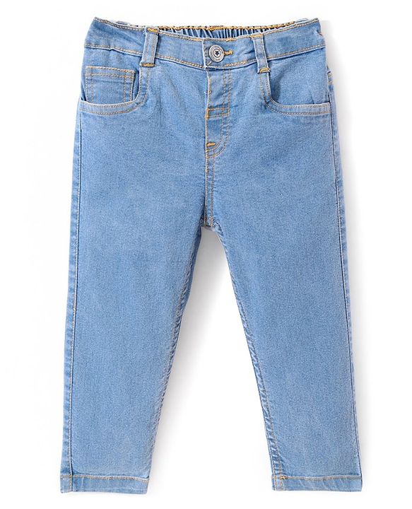 Babyhug Denim Washed Full Length Jeans With Stretch Solid Colour - Medium Blue