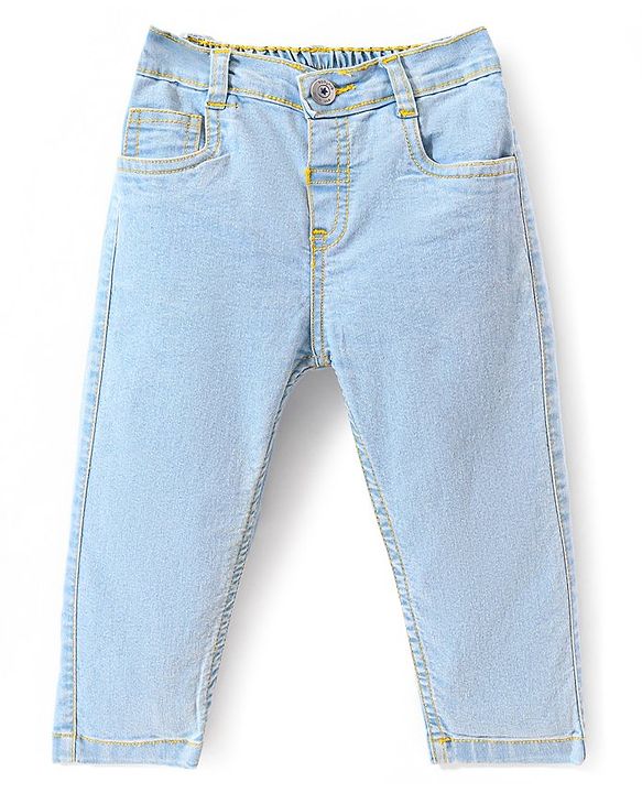 Babyhug Denim Washed Full Length Jeans With Stretch Solid Colour - Light Blue
