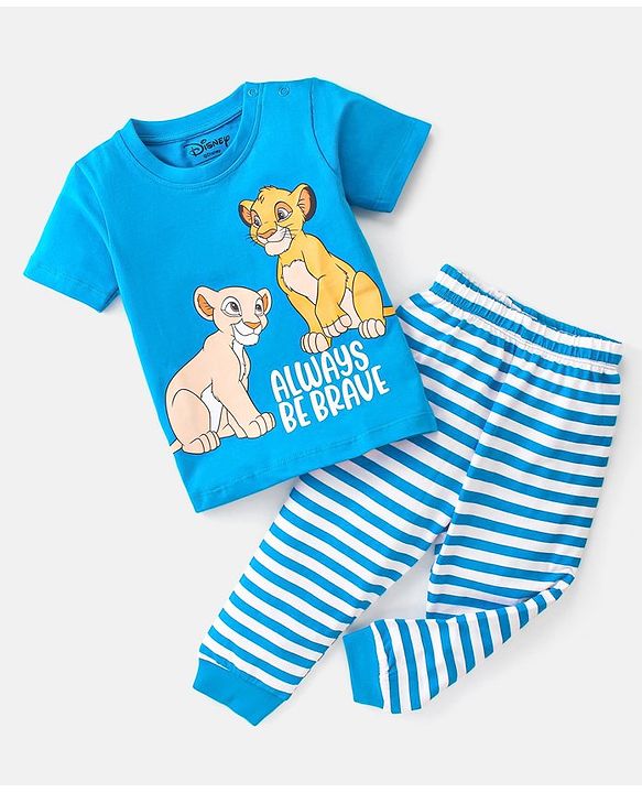 Babyhug Disney 100% Cotton Knit Half Sleeves Night Suits Lion King Graphics - Blue