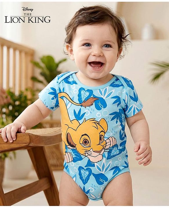 Babyhug Disney 100% Cotton Knit Half Sleeves Onesie With Lion King Print - Blue