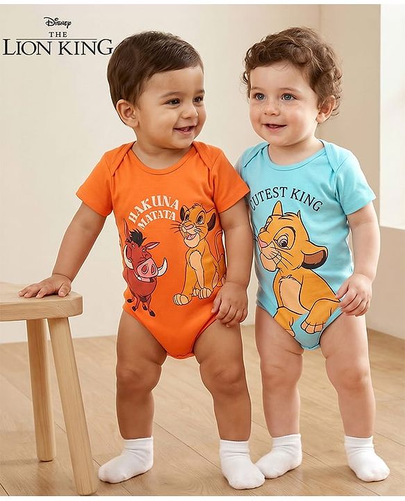 Babyhug Disney 100% Cotton Knit Half Sleeves Onesies With Lion King Graphics Pack Of 2 - Orange & Blue