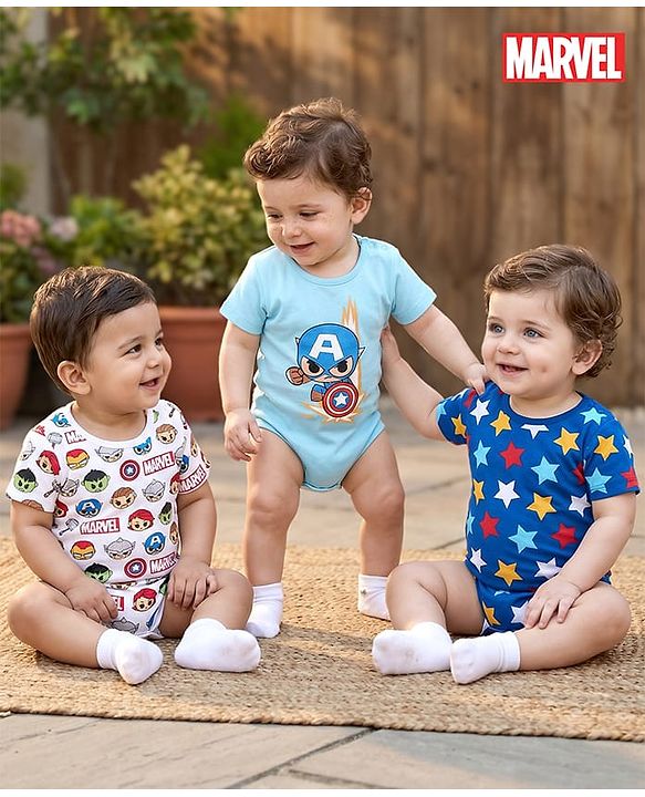 Babyhug Marvel  100% Cotton Half Sleeves Onesies with Avengers Graphics Pack of 3 -Multicolour