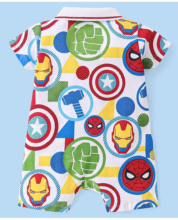 Babyhug Marvel Cotton Knit  Half Sleeves Romper with Pocket & Avengers  Print - Multicolour