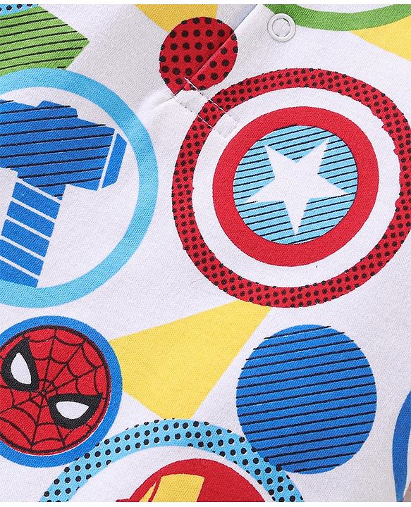 Babyhug Marvel Cotton Knit  Half Sleeves Romper with Pocket & Avengers  Print - Multicolour