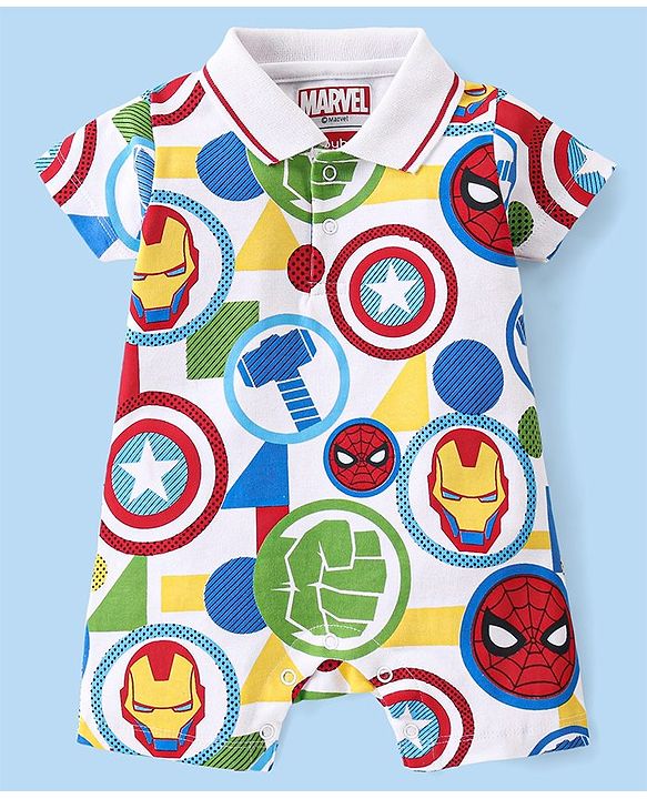 Babyhug Marvel Cotton Knit  Half Sleeves Romper with Pocket & Avengers  Print - Multicolour