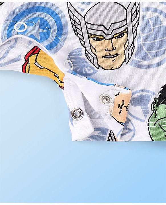 Babyhug Marvel 100% Cotton Knit  Half Sleeves Romper Avengers Print - Blue
