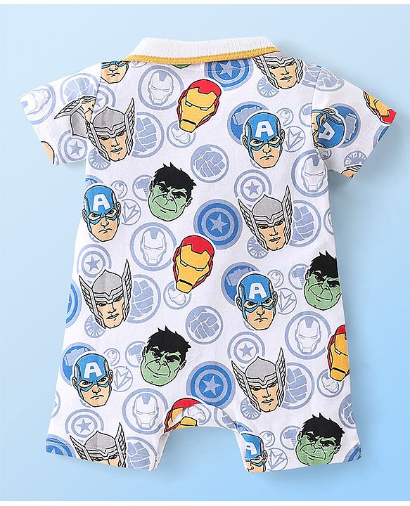 Babyhug Marvel 100% Cotton Knit  Half Sleeves Romper Avengers Print - Blue
