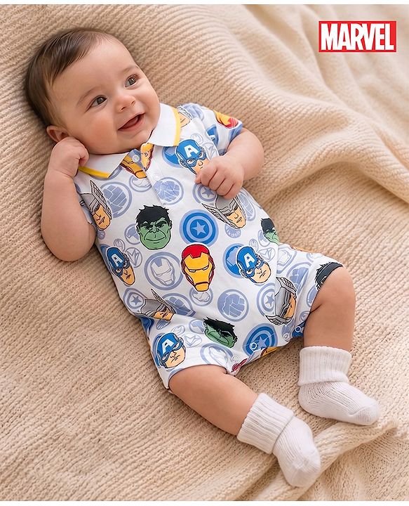 Babyhug Marvel 100% Cotton Knit  Half Sleeves Romper Avengers Print - Blue