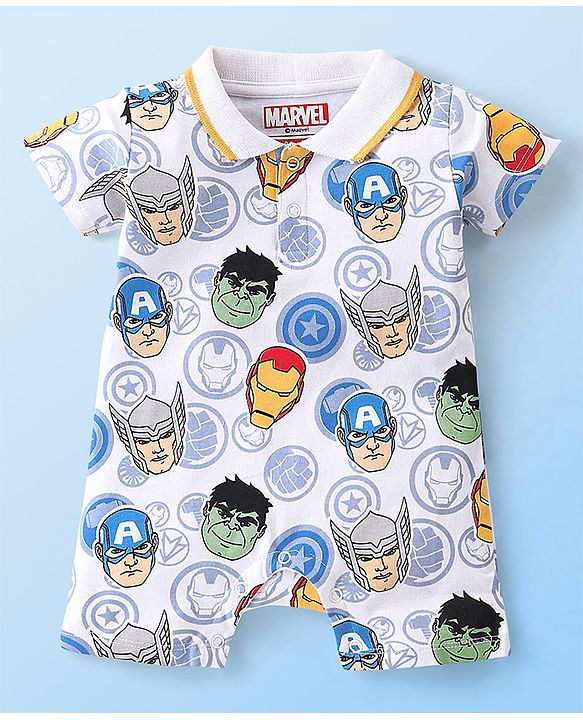 Babyhug Marvel 100% Cotton Knit  Half Sleeves Romper Avengers Print - Blue