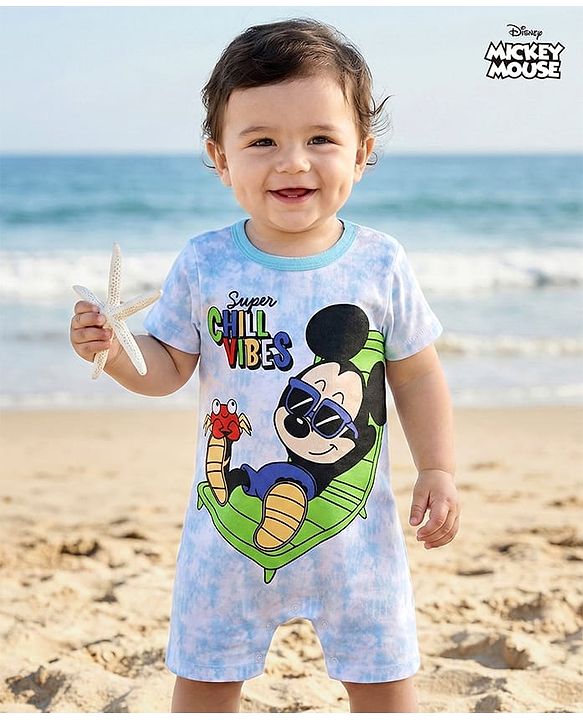 Babyhug Disney Cotton Knit Half Sleeves Romper Tie & Dye With Mickey Mouse Graphics - Blue