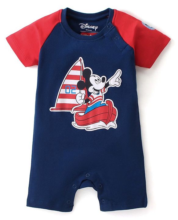 Babyhug Disney 100% Cotton Knit Half Sleeves Romper with Mickey Mouse Graphics - Navy Blue