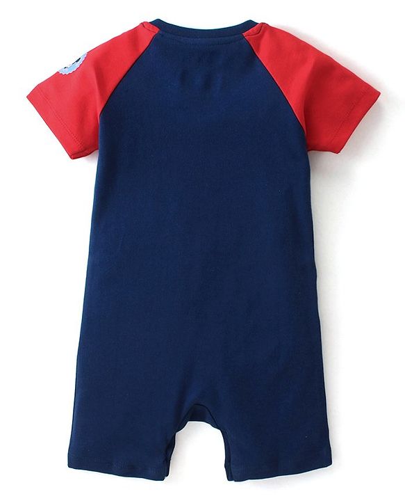 Babyhug Disney 100% Cotton Knit Half Sleeves Romper with Mickey Mouse Graphics - Navy Blue
