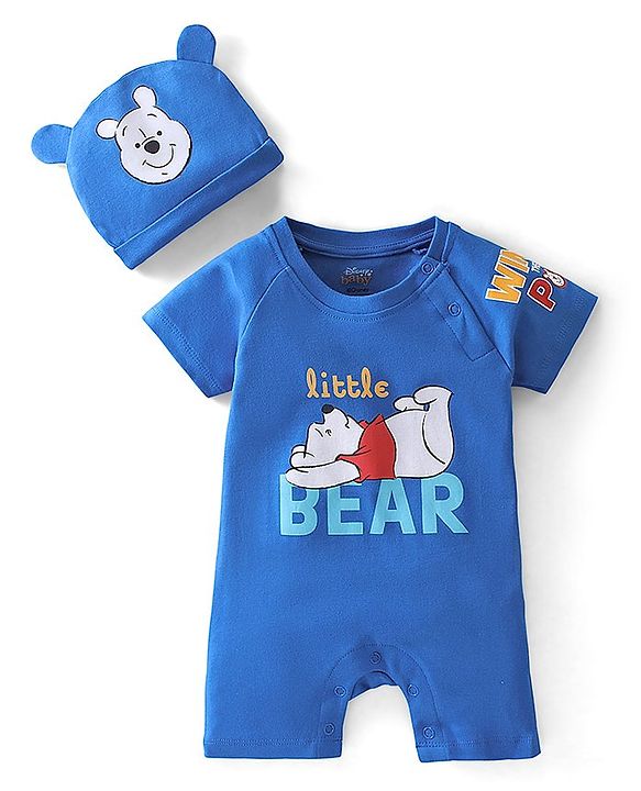 Babyhug Disney Interlock Cotton Knit Half Sleeves  Romper with Cap & Winnie the Pooh Graphics - Blue