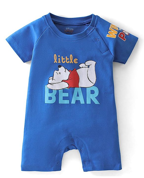 Babyhug Disney Interlock Cotton Knit Half Sleeves  Romper with Cap & Winnie the Pooh Graphics - Blue