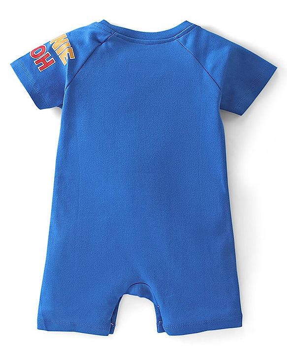 Babyhug Disney Interlock Cotton Knit Half Sleeves  Romper with Cap & Winnie the Pooh Graphics - Blue