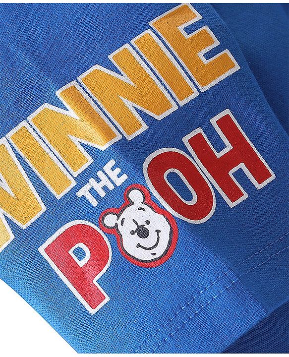 Babyhug Disney Interlock Cotton Knit Half Sleeves  Romper with Cap & Winnie the Pooh Graphics - Blue