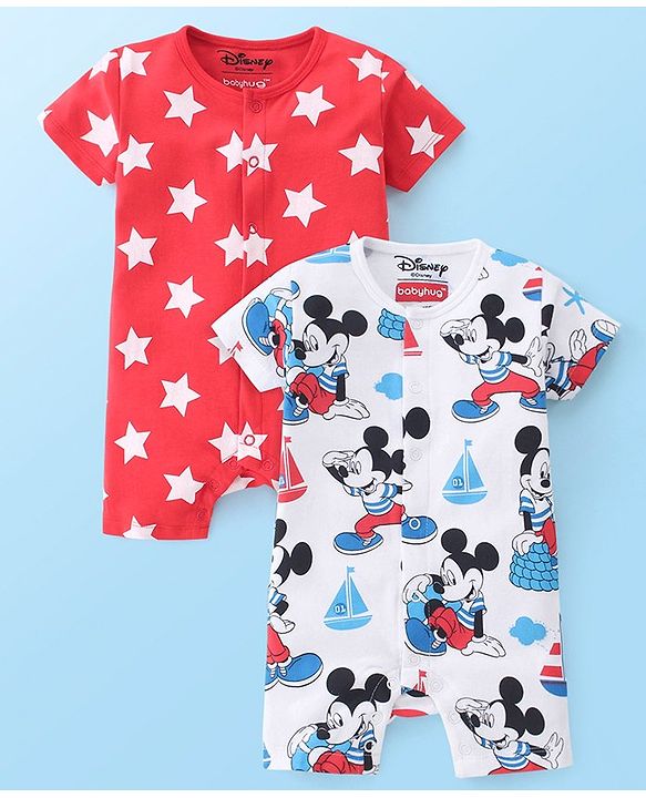 Babyhug Disney Interlock Cotton Knit Half Sleeves Rompers Star & Mickey Mouse Print Pack of 2 - Red & White