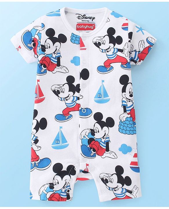 Babyhug Disney Interlock Cotton Knit Half Sleeves Rompers Star & Mickey Mouse Print Pack of 2 - Red & White