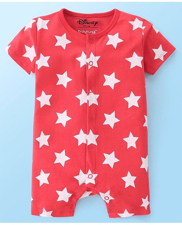 Babyhug Disney Interlock Cotton Knit Half Sleeves Rompers Star & Mickey Mouse Print Pack of 2 - Red & White