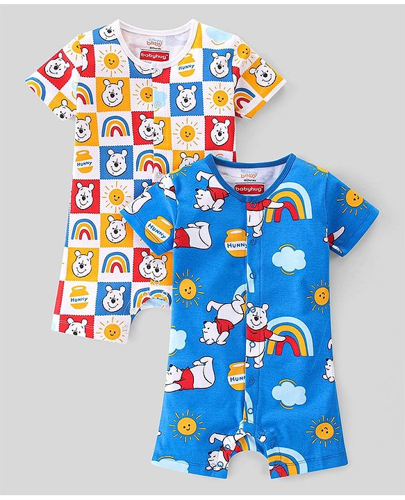 Babyhug Disney Interlock Cotton Knit Half Sleeves Romper Winnie The Pooh Print Pack of 2 - Multicolour