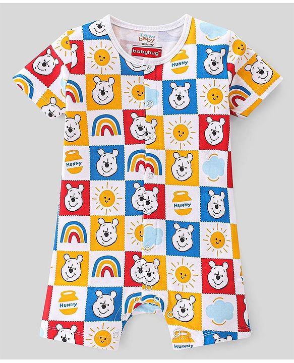 Babyhug Disney Interlock Cotton Knit Half Sleeves Romper Winnie The Pooh Print Pack of 2 - Multicolour