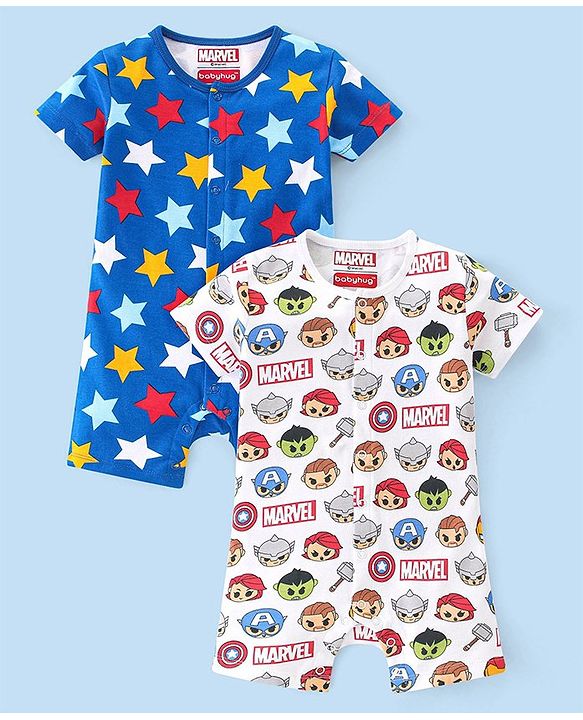 Babyhug Marvel Interlock Cotton Knit Half Sleeves Rompers Star & Avenger Print Pack of 2 - Multicolour
