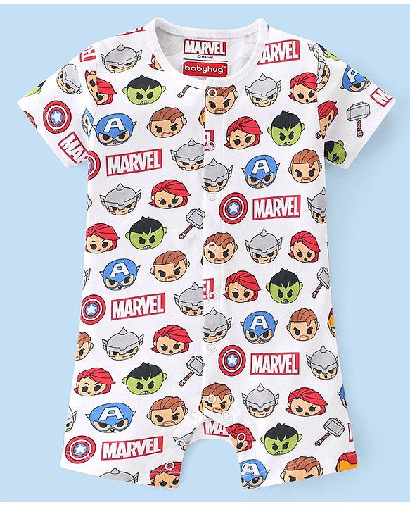 Babyhug Marvel Interlock Cotton Knit Half Sleeves Rompers Star & Avenger Print Pack of 2 - Multicolour