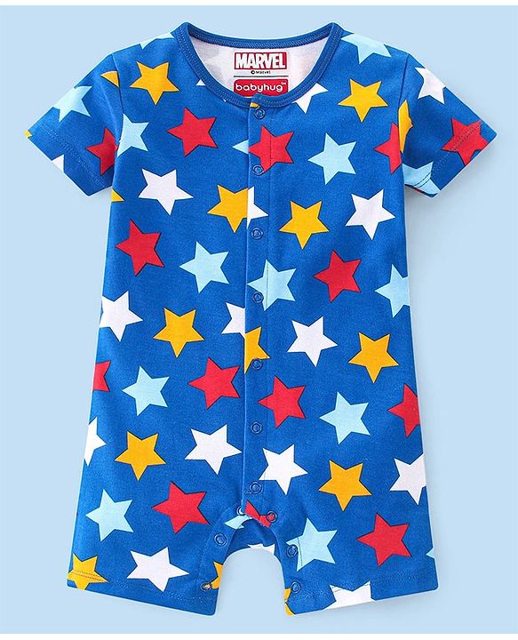 Babyhug Marvel Interlock Cotton Knit Half Sleeves Rompers Star & Avenger Print Pack of 2 - Multicolour
